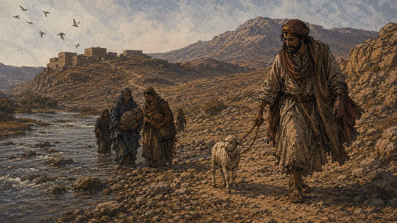 At the fords of the Arnon. APPEAL FROM MOAB | The lamb sent toward Zion and women at the Arnon ford introduce the appeal. This composite illustration joins adjacent poetic images without claiming that the travelers met.
