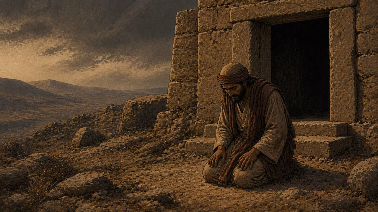 Wearied at the sanctuary. FUTILE APPEAL | Moab’s weariness at the high place and unsuccessful prayer are pictured through an anonymous worshipper; no unseen response is invented.
