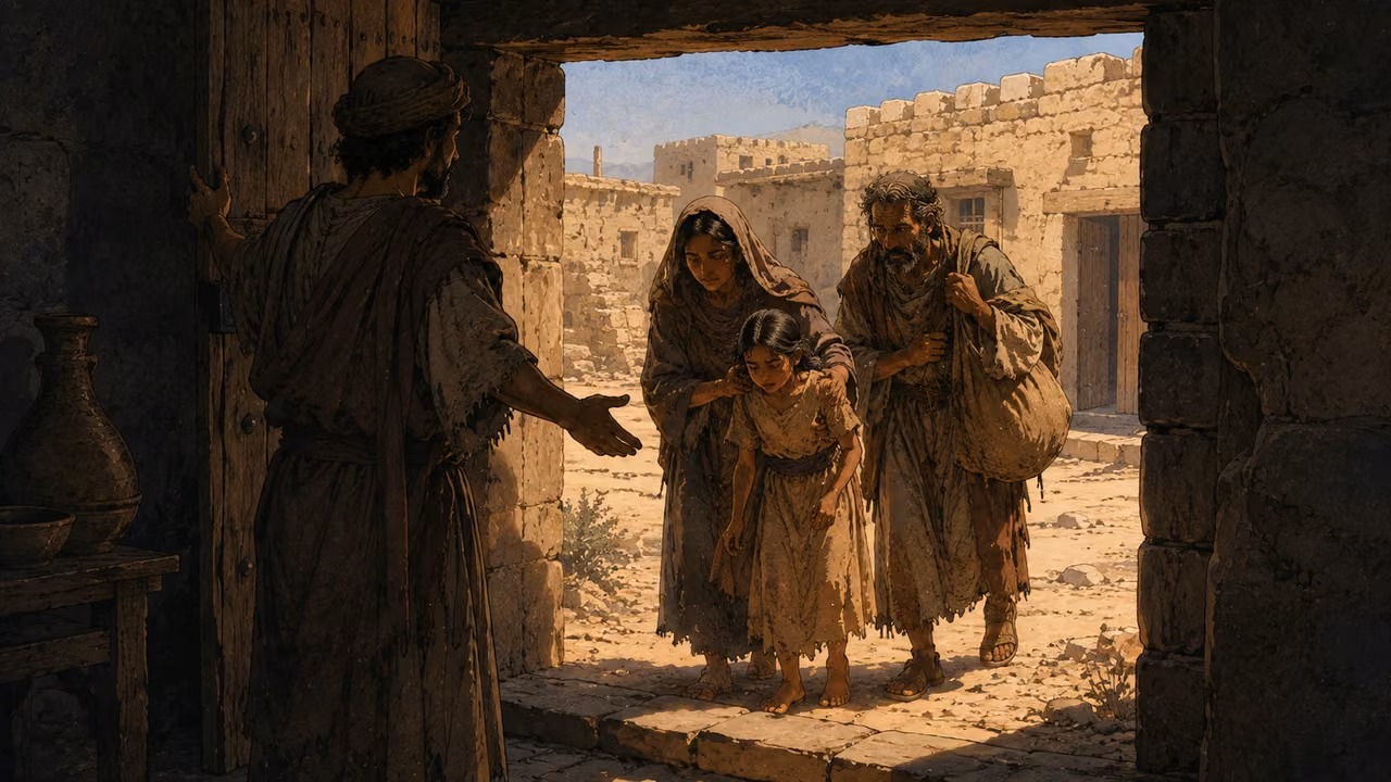 Shelter at noon. APPEAL FOR SHELTER | The call to hide outcasts and protect fugitives is illustrated as an invitation into shade. The image expresses the appeal rather than asserting a recorded encounter.