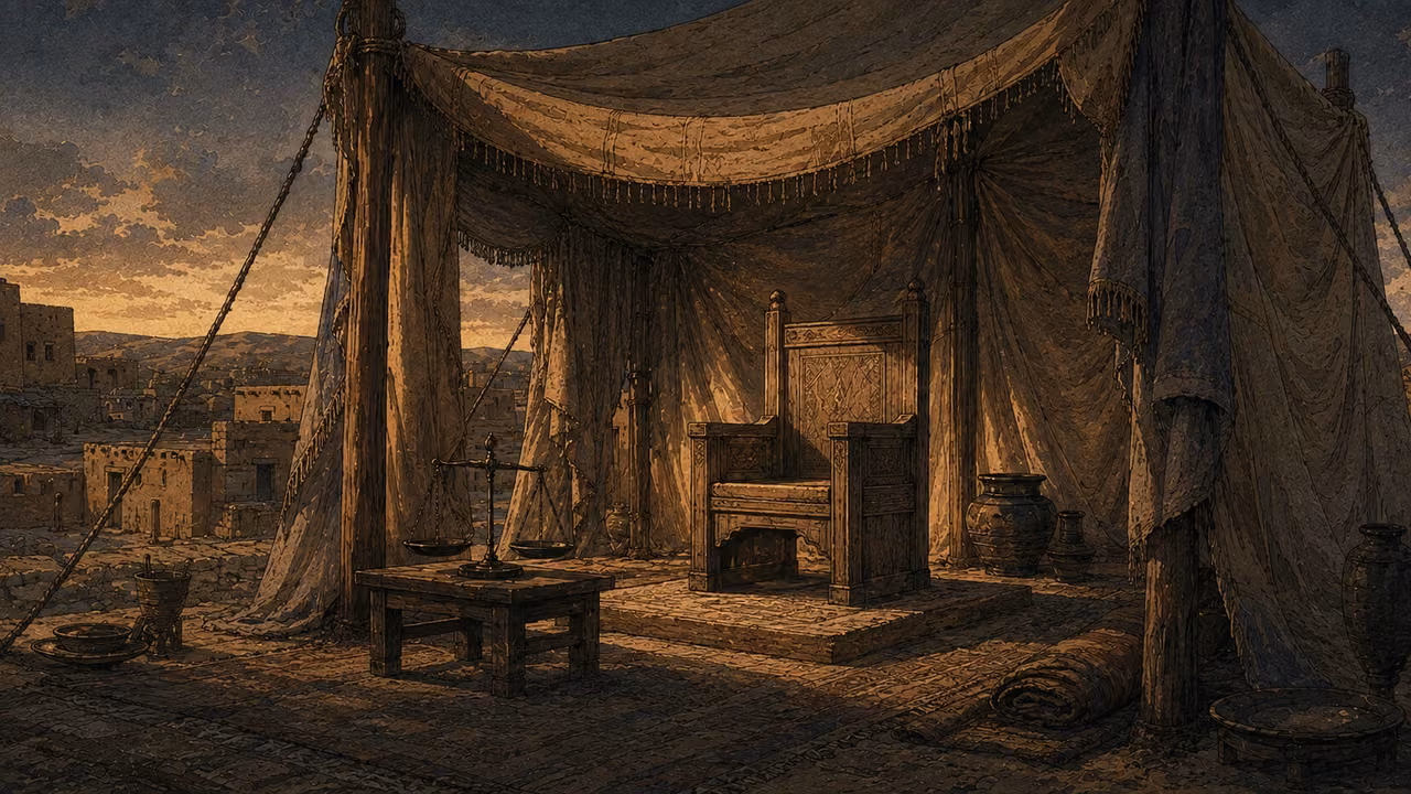A throne in steadfast love. PROMISE OF JUST RULE | The empty throne and balance are interpretive symbols of steadfast love, faithfulness and justice in the tent of David; no individual ruler is identified.