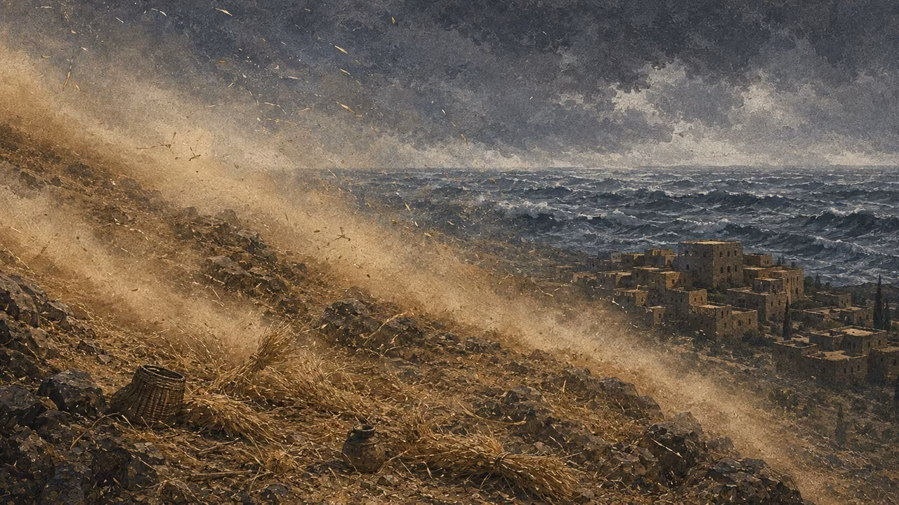 Like chaff before the wind. POETIC COMPARISON | The nations roar like waters, then flee like chaff and dust before the wind. Sea, chaff and storm visualize the comparisons rather than a literal flood battle.