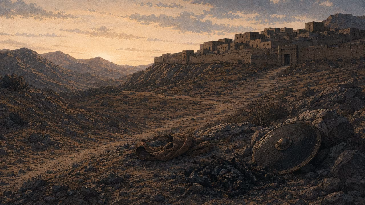 Before morning. OVERNIGHT REVERSAL | Evening terror gives way to the disappearance of the plunderer before morning. The deserted approach is an interpretive image of that reversal.
