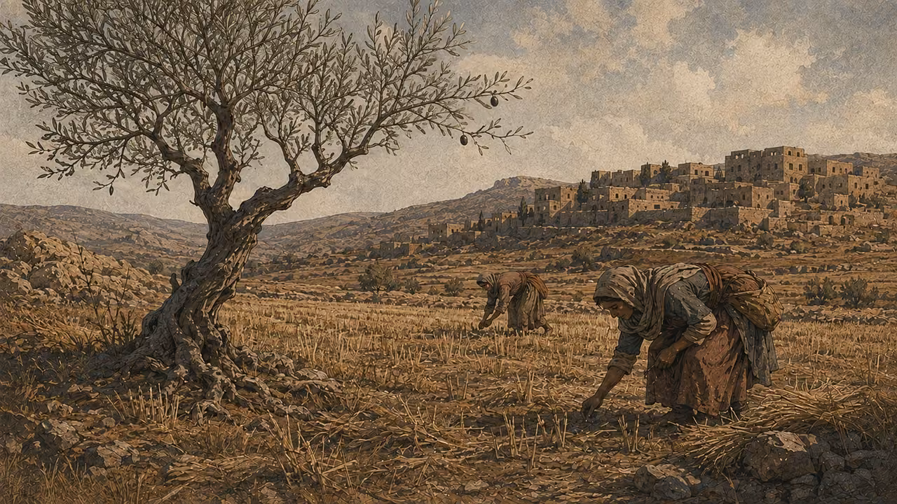 Gleanings remain. REMNANT IMAGERY | Harvested grain and the few olives left on a tree picture diminished glory and a surviving remnant. These are agricultural metaphors, not a named historical event.