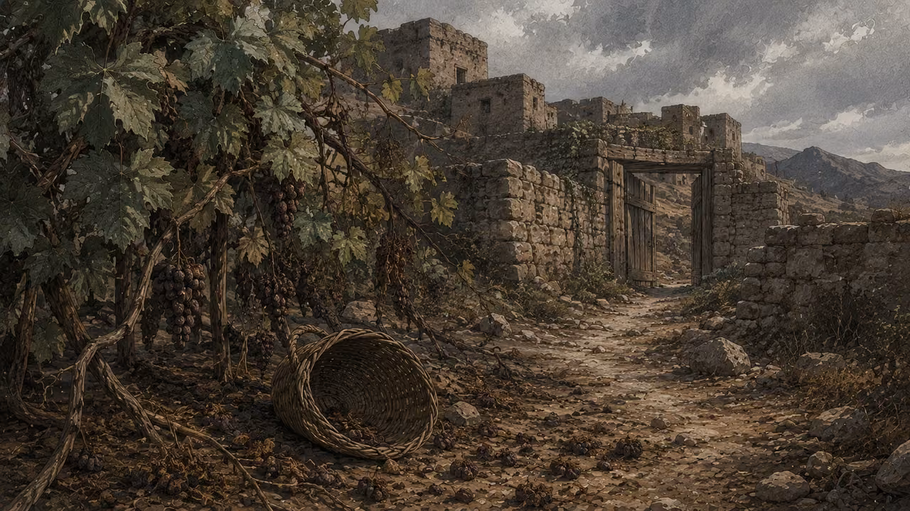 A harvest lost. FORGETFULNESS AND LOSS | Deserted cities and a failed harvest accompany forgetting the God of salvation. The combined landscape illustrates these warnings without assigning a specific foreign cult.