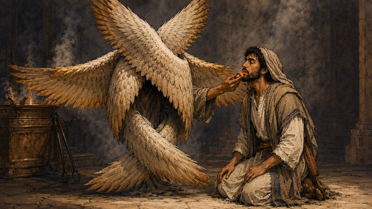 Unclean lips, forgiven. CLEANSING | Isaiah confesses his unclean lips. A seraph brings a coal from the altar and announces that his guilt is removed.