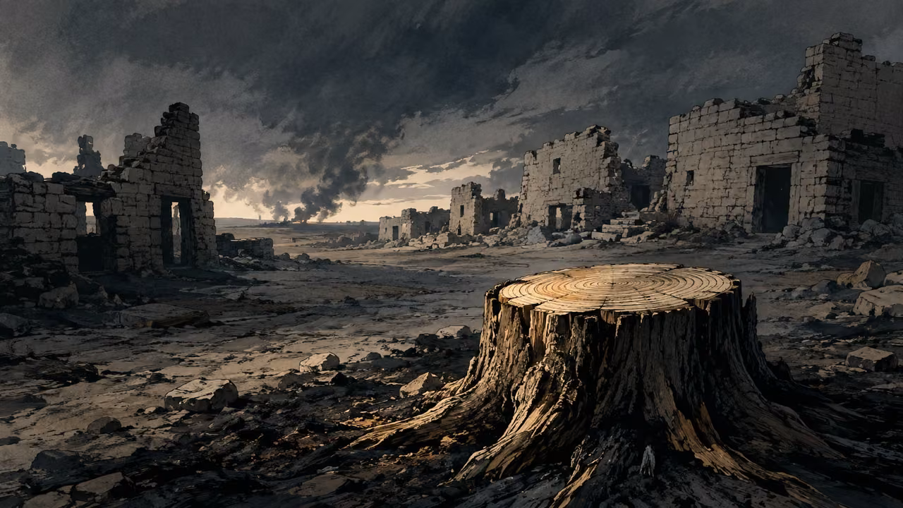 The stump remains. PROPHETIC IMAGE | The commission includes hard hearing, desolation, and the remaining stump. This image visualizes the warning; it does not depict Jerusalem destroyed on the day of Isaiah’s calling.