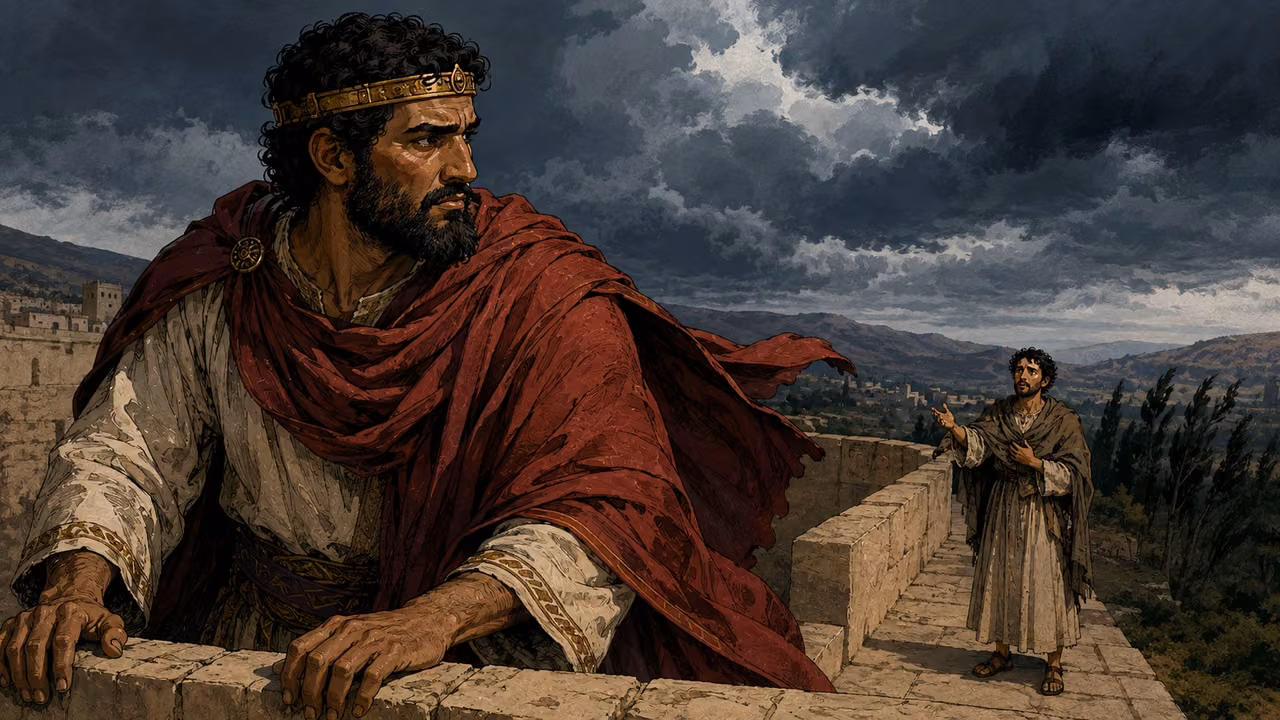 A king shaken by fear. LATER: THE REIGN OF AHAZ | Aram and Israel threaten Judah. The royal house and the people tremble. The messenger’s appearance and placement are illustrative staging.