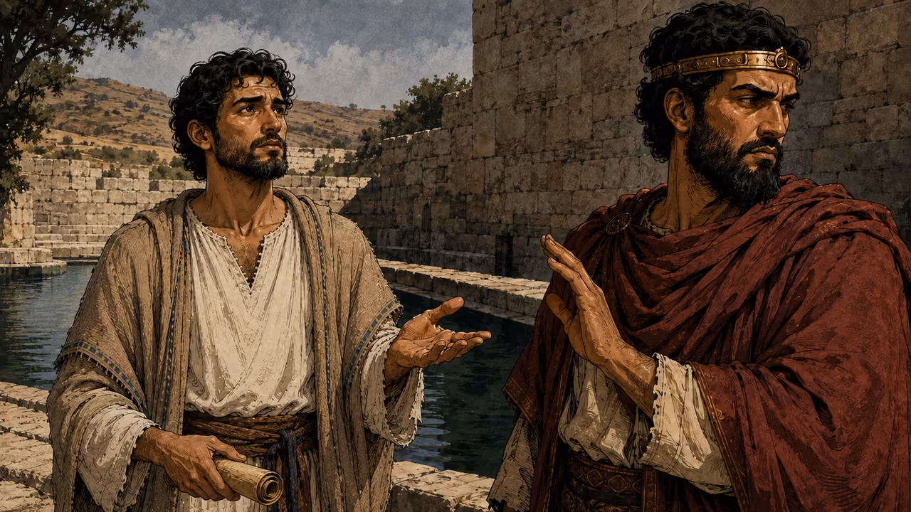 The sign and the warning. PROMISE AND WARNING | Ahaz declines the offered sign. Isaiah speaks of Immanuel and warns of Assyria. The illustration stays with the conversation; it does not identify the unnamed mother or child.