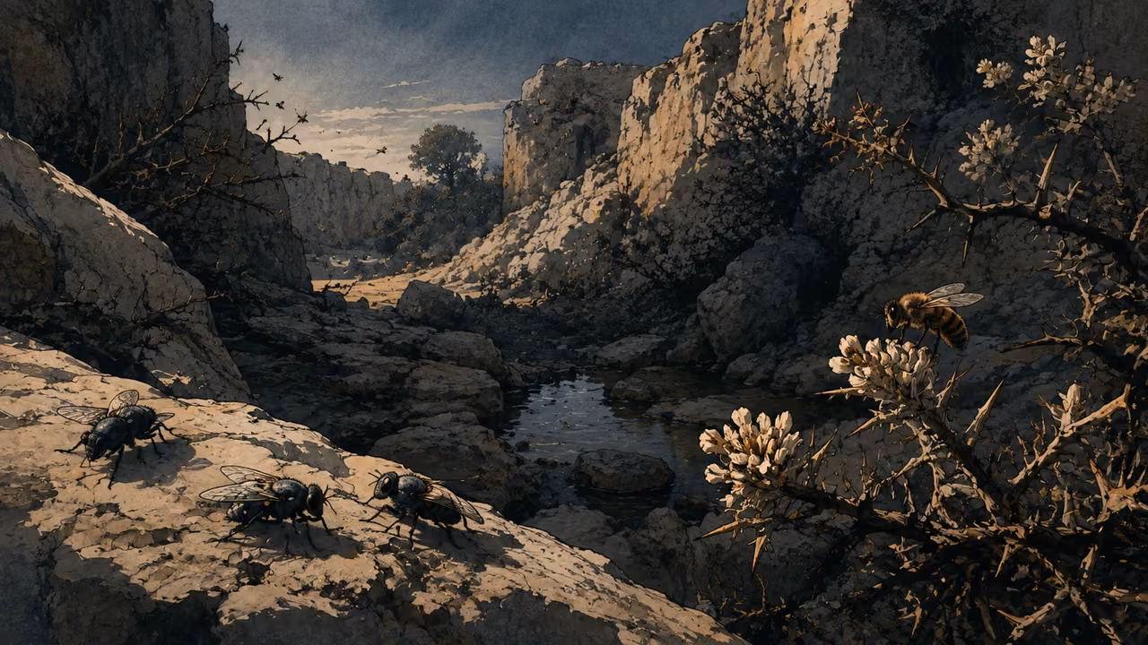 The fly and the bee. VISIONARY METAPHOR | Flies from Egypt and bees from Assyria settle throughout the land. The insects visualize the prophetic language of encroaching powers.