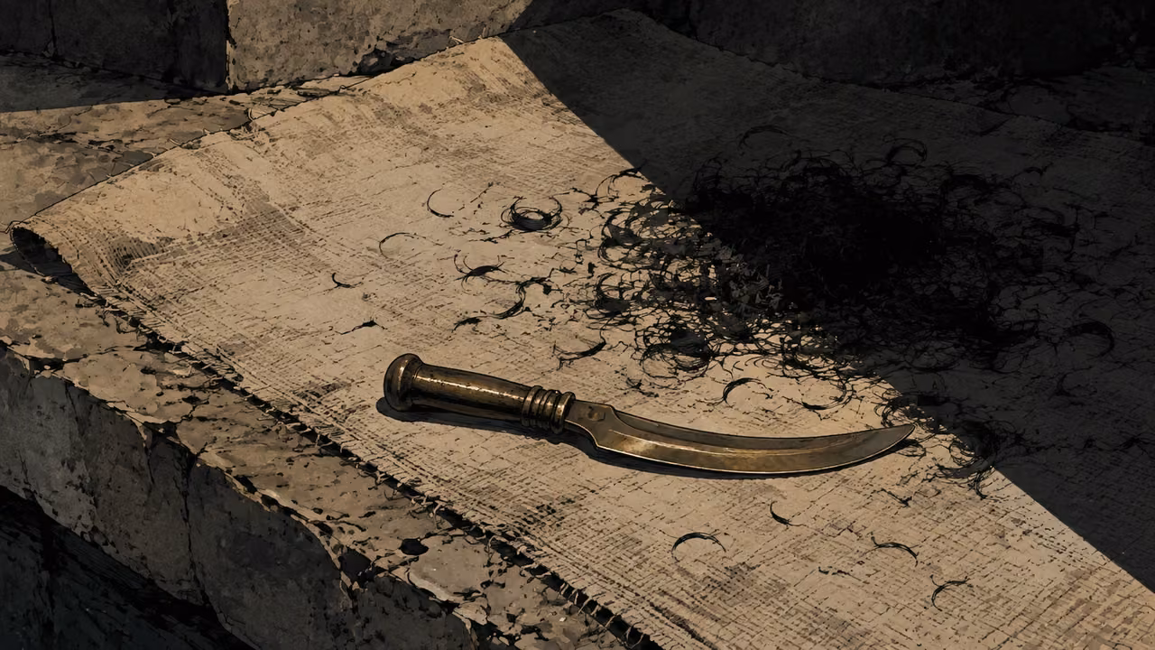 The hired razor. VISIONARY METAPHOR | The hired razor represents humiliation through Assyria. This still life interprets the image; it does not depict a documented haircut or identify a victim.