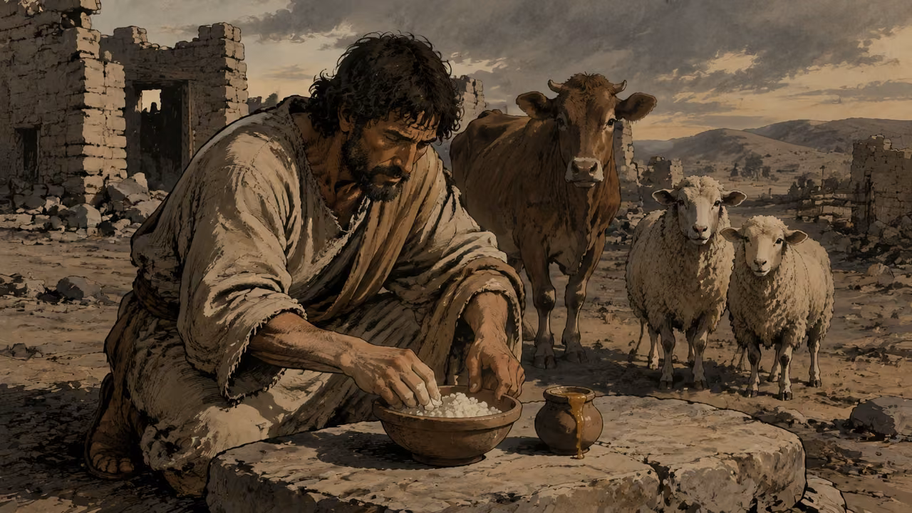 Those who remain. PROPHETIC AFTERMATH | A survivor keeps a young cow and two sheep; curds and honey sustain those left in the land. This is a diminished rural life within the chapter’s warning.