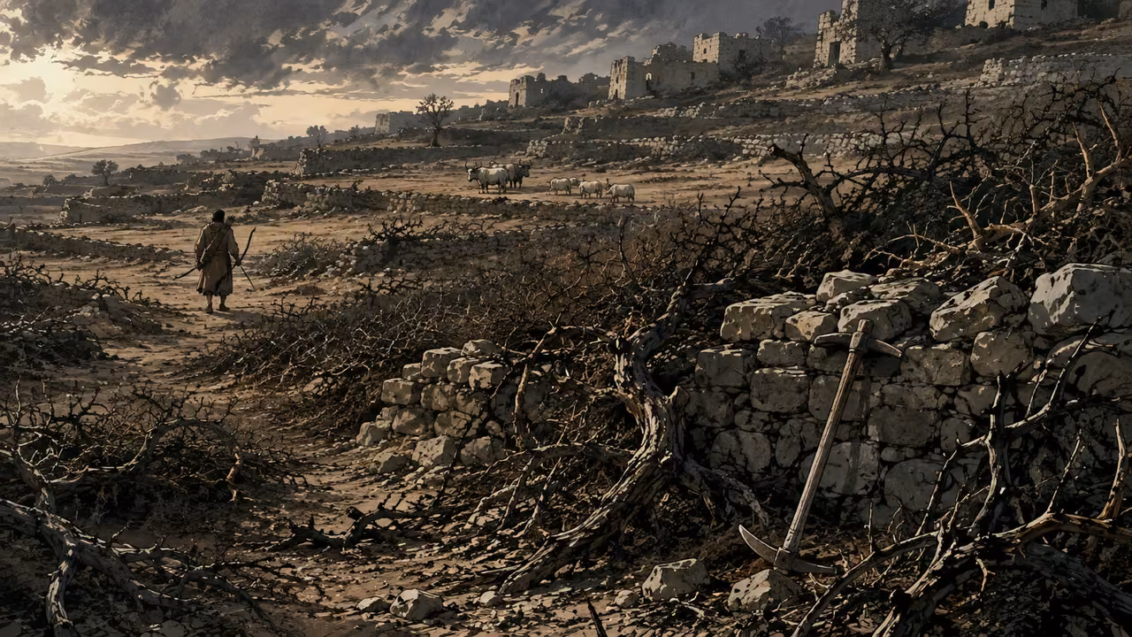 Vineyards become thorns. PROPHETIC AFTERMATH | Valuable vineyards and cultivated hills become thornland, hunting ground, and grazing land. The sequence ends with the cost of the warning.