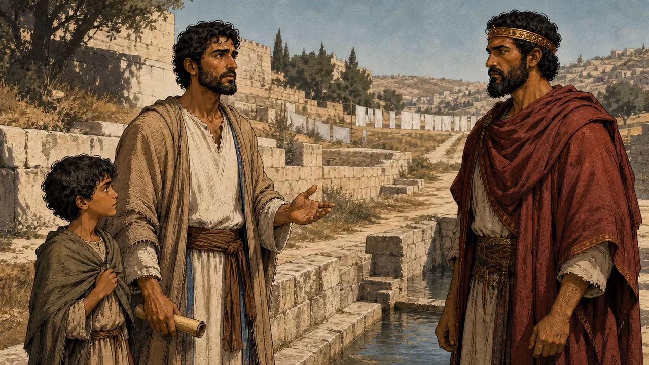 At the upper pool. ENCOUNTER | Isaiah brings his son Shear-jashub to meet Ahaz beside the upper pool’s conduit. He urges calm and trust while the king faces a political threat.