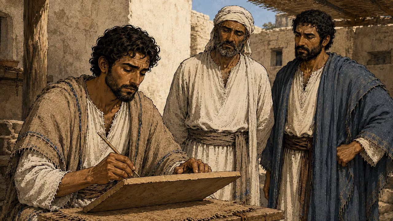 The name before witnesses. NARRATIVE | Isaiah is told to inscribe the name Maher-shalal-hash-baz on a large tablet. Uriah and Zechariah are named as faithful witnesses. The artwork leaves the writing surface angled away; the exact name is in the Scripture alongside this panel.