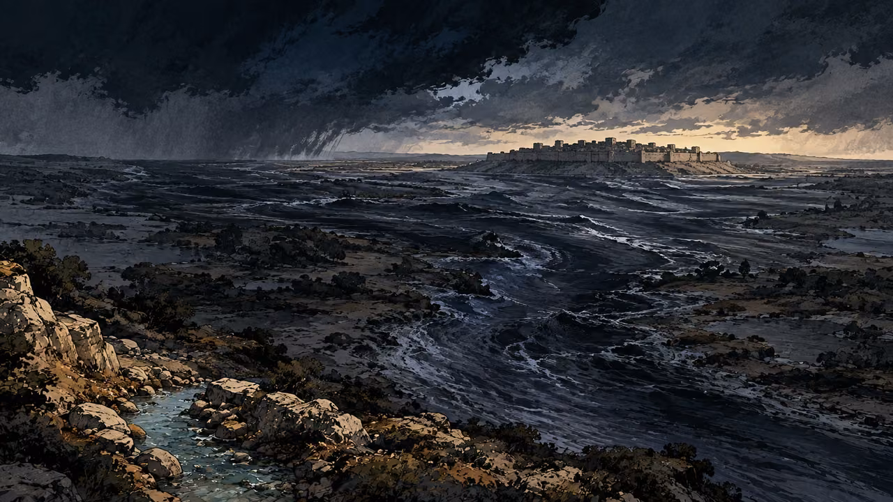The river overflows. PROPHETIC IMAGE | Gentle Shiloah is contrasted with the overwhelming River. The flood figures Assyrian power; the passage also declares that hostile plans will fail because God is with us.