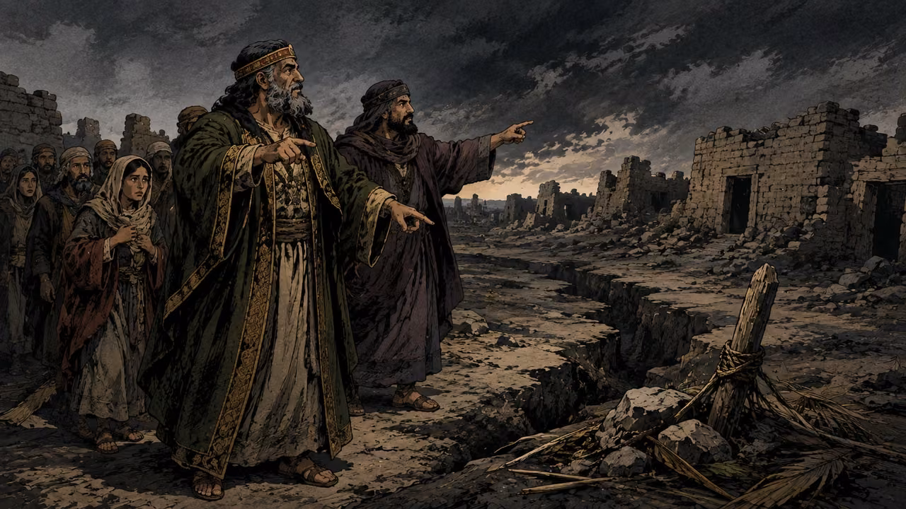 Guides who mislead. ORACLE OF JUDGMENT | The people do not return. Elders and false prophets are called head and tail; their guidance leads the people astray. The figures are unnamed illustrations of those roles.