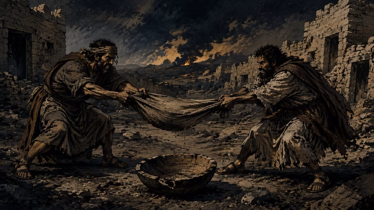 Brother against brother. ORACLE OF JUDGMENT | Burning wickedness and unsatisfied hunger become images of a people consuming itself. Manasseh and Ephraim turn against each other and Judah. The scene conveys the conflict without depicting literal cannibalism.