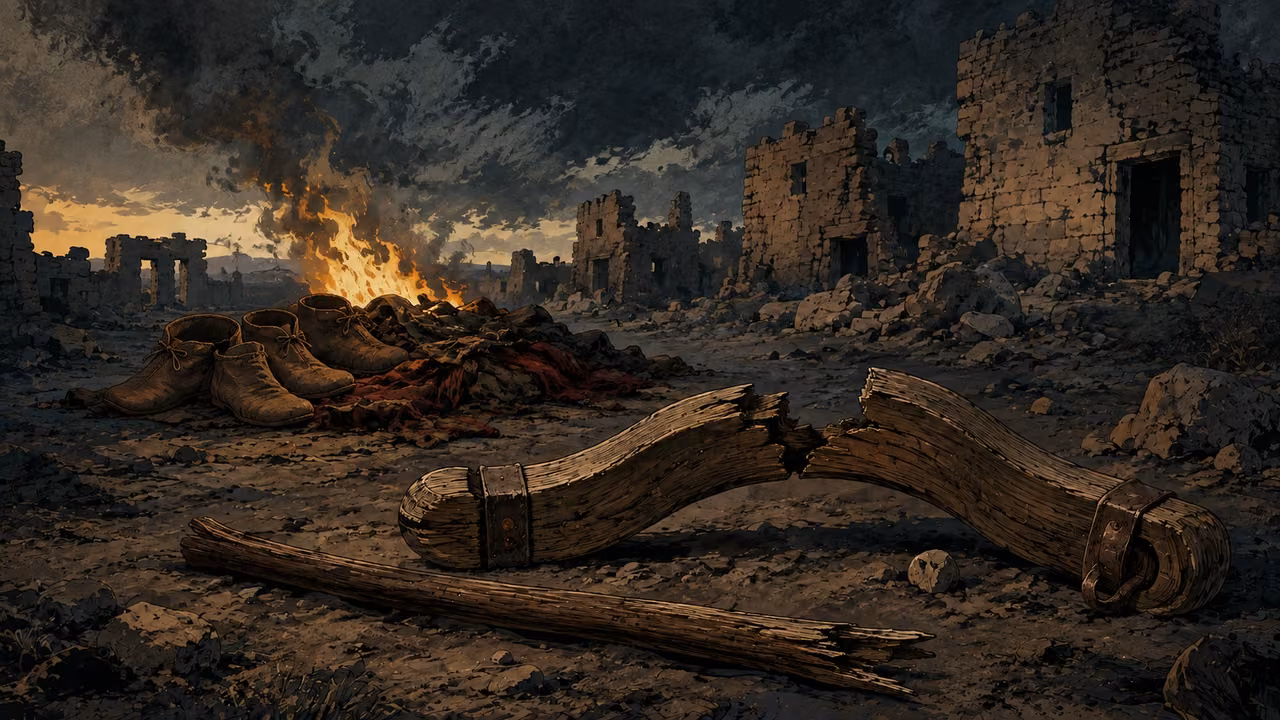The burden broken. POETIC PROMISE | The yoke and the oppressor’s rod are shattered. Battle gear becomes fuel for fire. The objects interpret liberation and the ending of warfare.