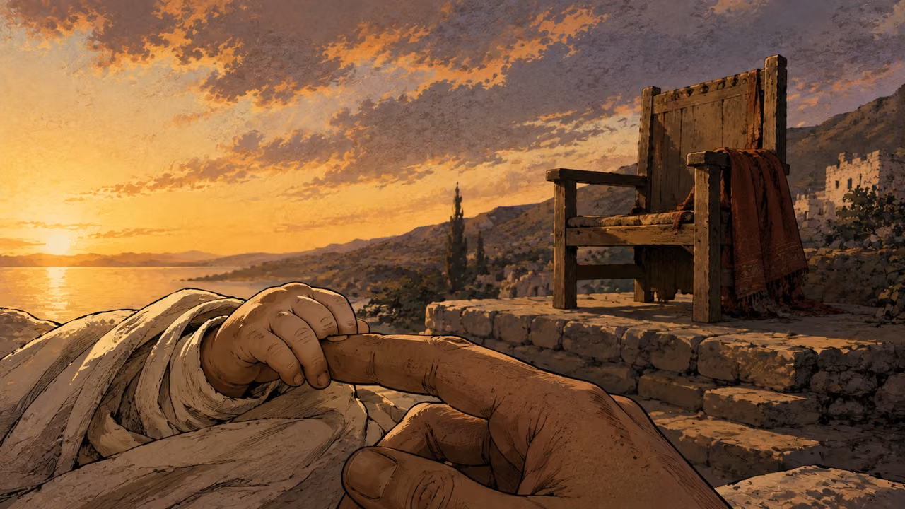 A child and a kingdom. POETIC PROMISE | A child and a son are announced with royal names, followed by enduring justice and peace on David’s throne. The artwork is symbolic and leaves the child’s specific visual identity undesignated.