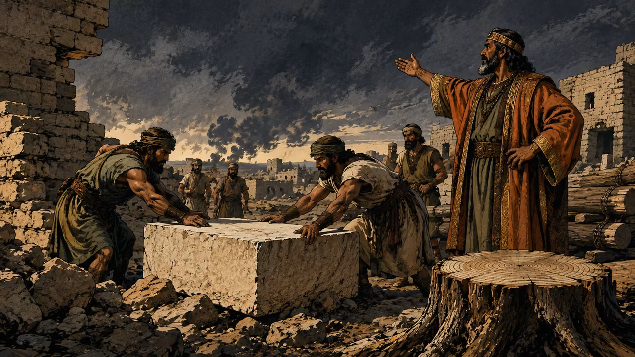 We will rebuild. ORACLE OF JUDGMENT | Ephraim and Samaria answer loss with proud rebuilding. The warning then describes enemies pressing upon Israel. The scene illustrates the boast, not a claim to reconstruct a particular street.