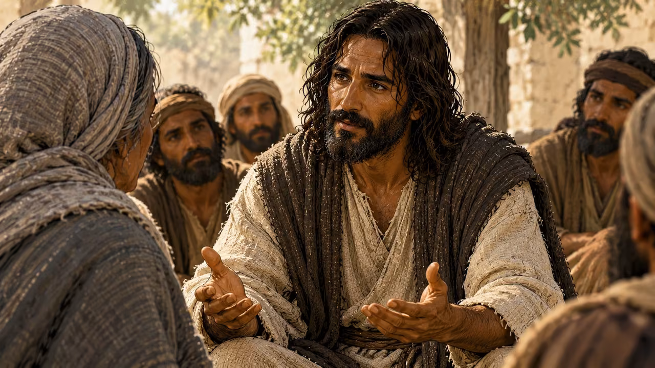 Jesus listens attentively among people gathered in the village shade.