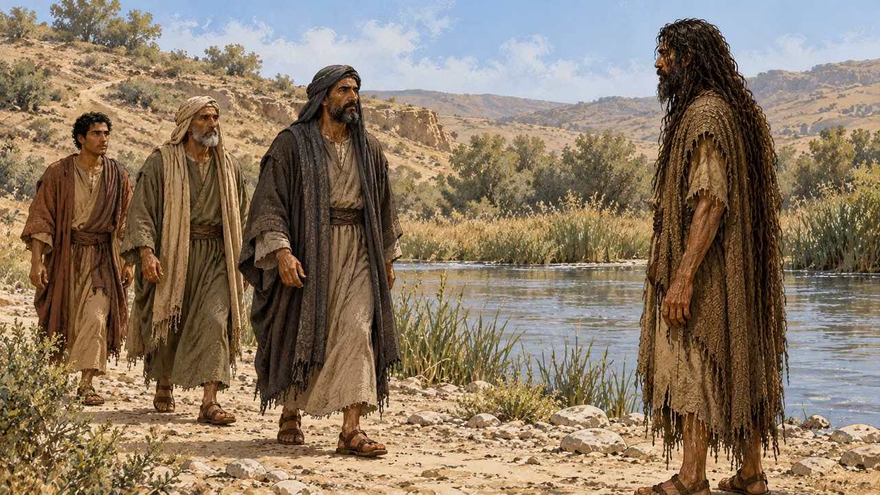 Three visitors from Jerusalem approach John on the rocky bank of the Jordan.