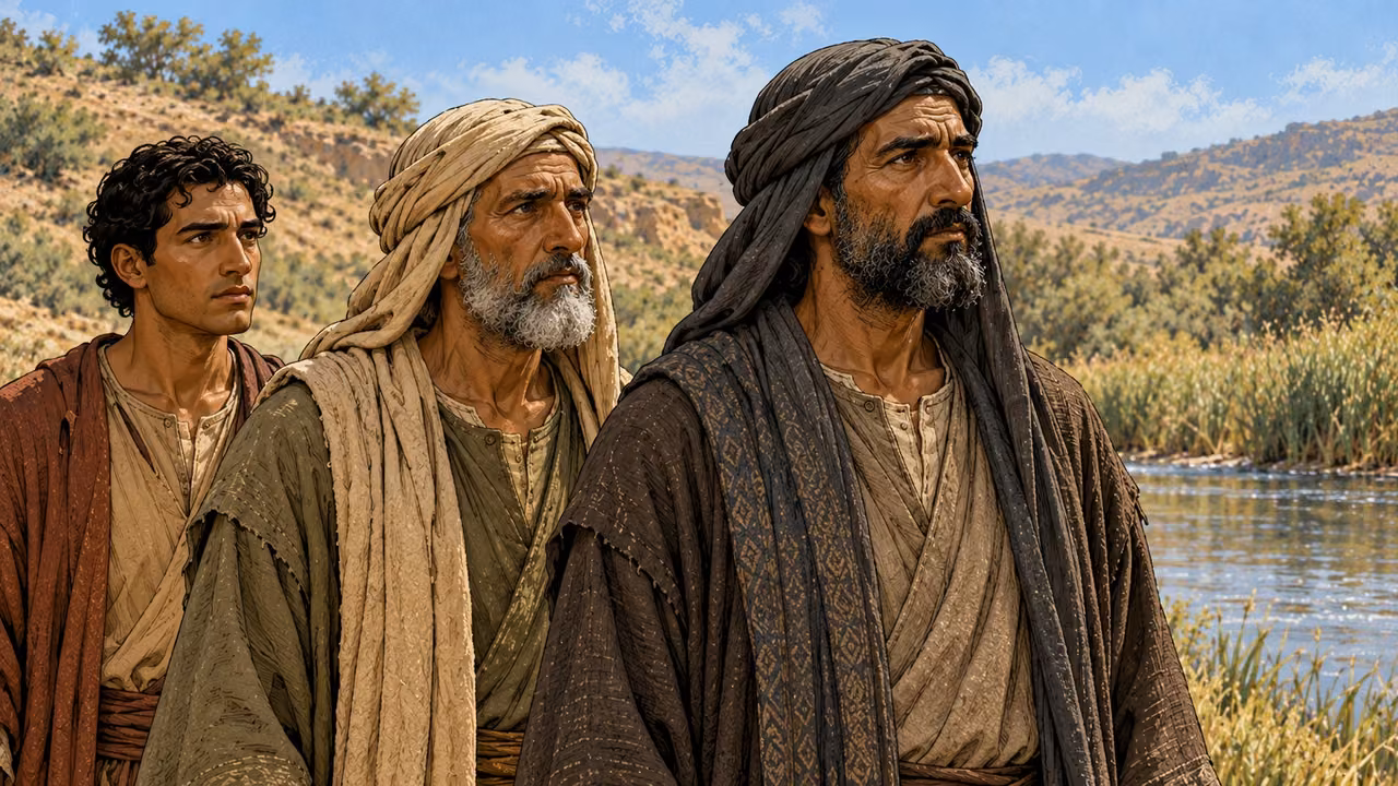 The three emissaries listen together beside the Jordan.