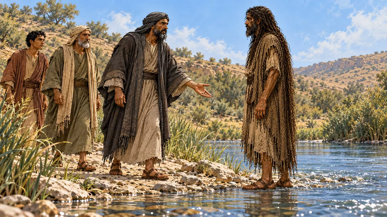 The visitor gestures toward the river as he questions John about baptism.