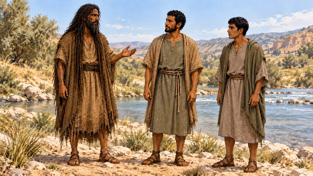 John stands beside the Jordan with Andrew and another disciple.