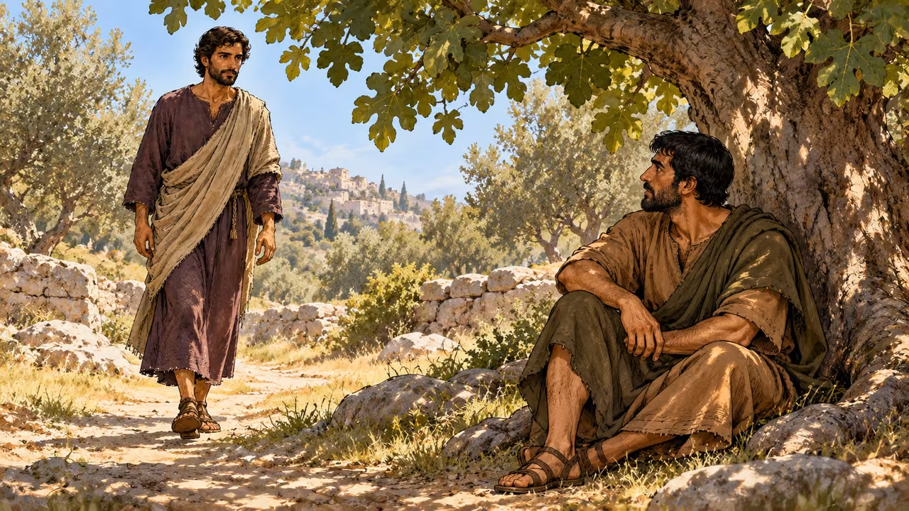 Philip approaches Nathanael beneath the fig tree.