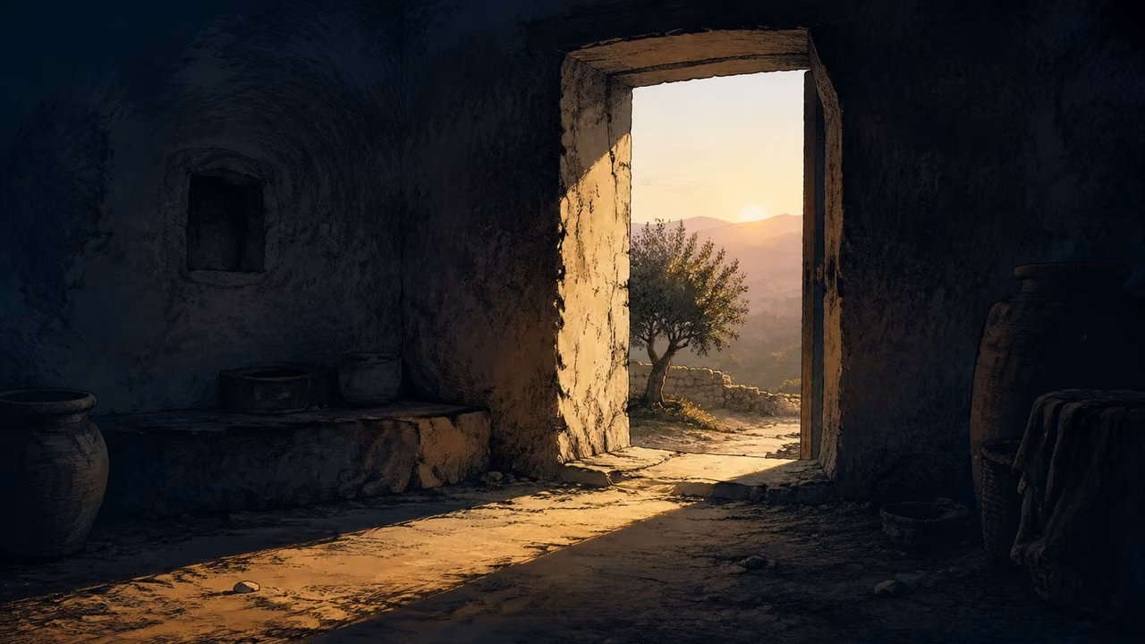 Visual metaphor: morning light enters an empty limestone doorway and crosses a shadowed earthen floor.