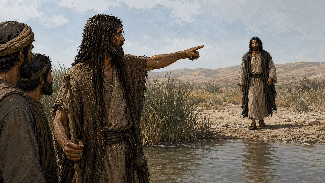 The long-haired, lean John the Baptist points toward the established Jesus approaching beside the Jordan.