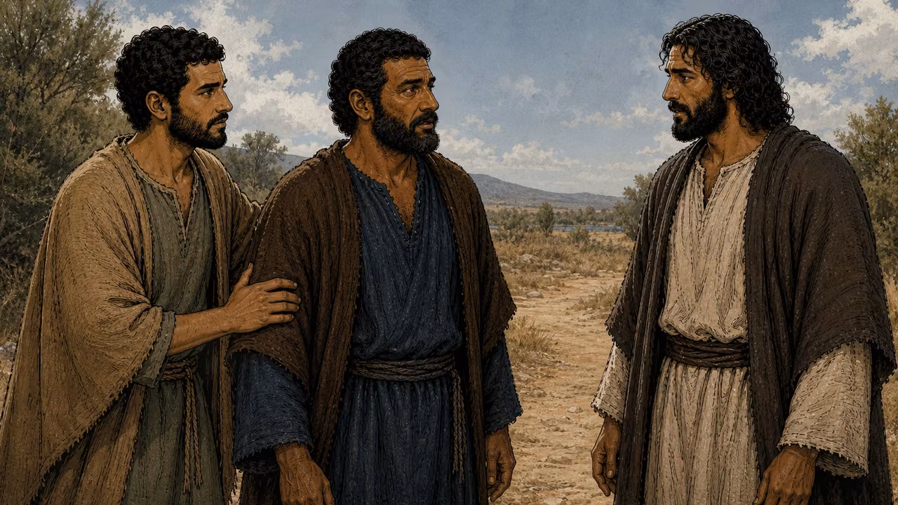 Andrew in olive-gray brings his brother Simon Peter in blue and brown to meet Jesus on a footpath.
