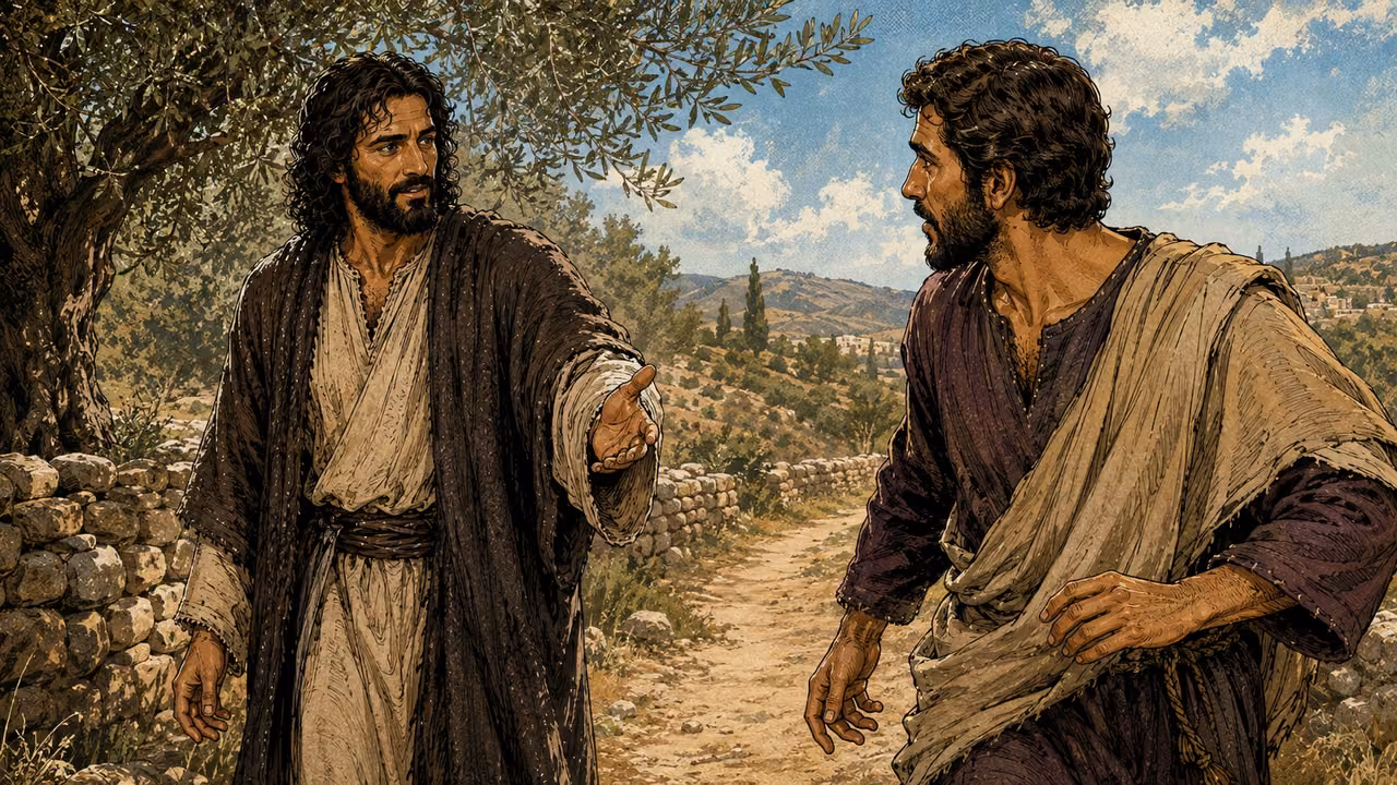 Jesus extends an inviting hand to Philip, who wears his established plum-brown tunic and beige wrap.