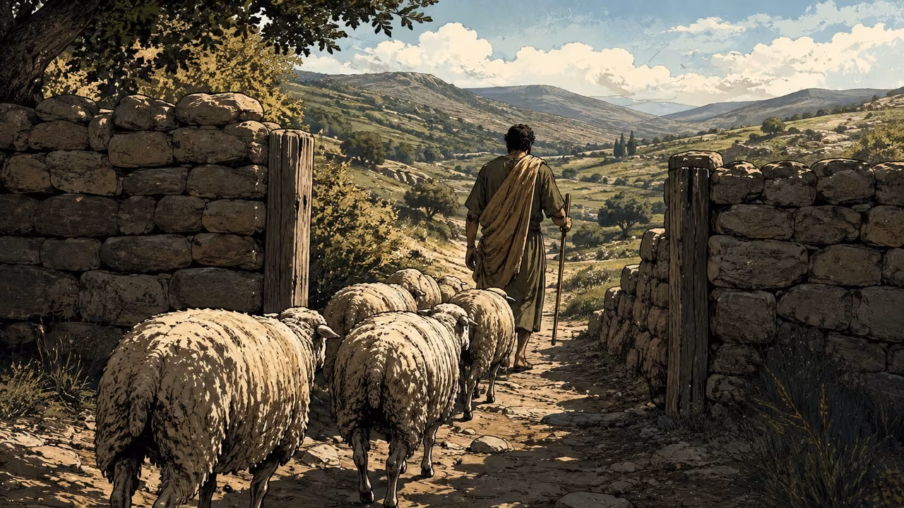 An illustrative shepherd leading sheep through an open stone sheepfold entrance.