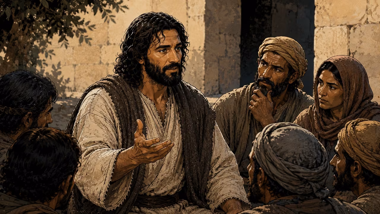Jesus teaching a small group in a shaded courtyard.