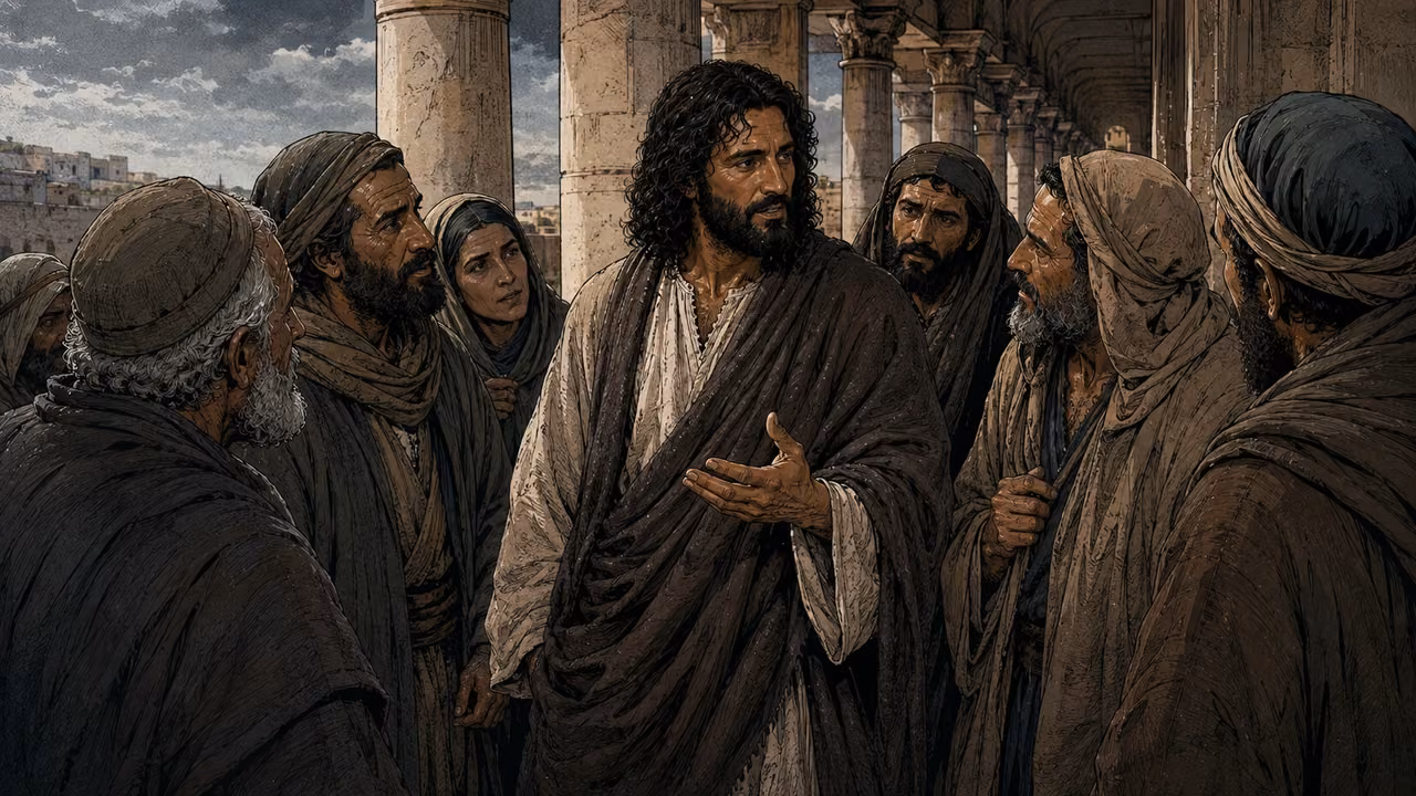 Jesus surrounded by questioners beneath a portico in cool daylight.