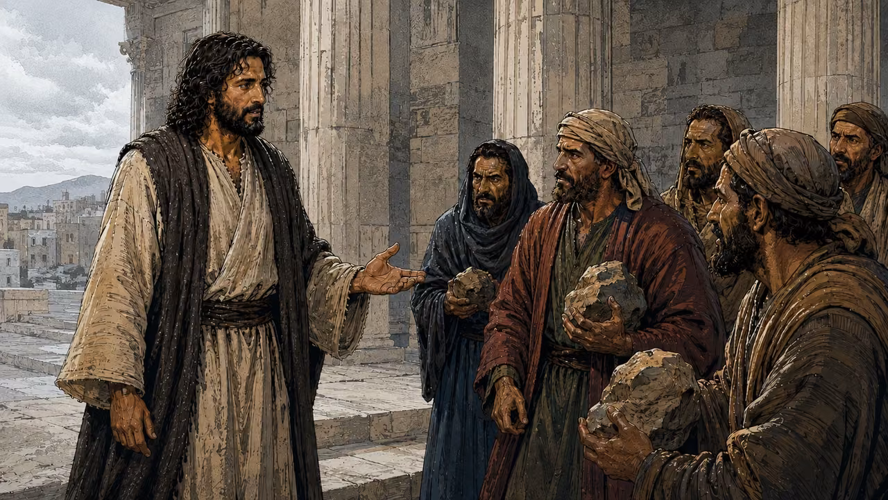 Jesus addressing a few men holding stones under a limestone portico.
