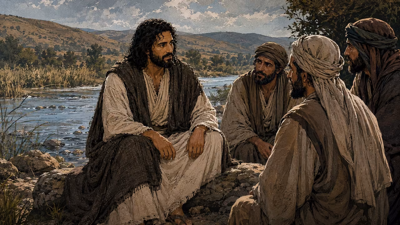Jesus seated beside the Jordan speaking with visitors.