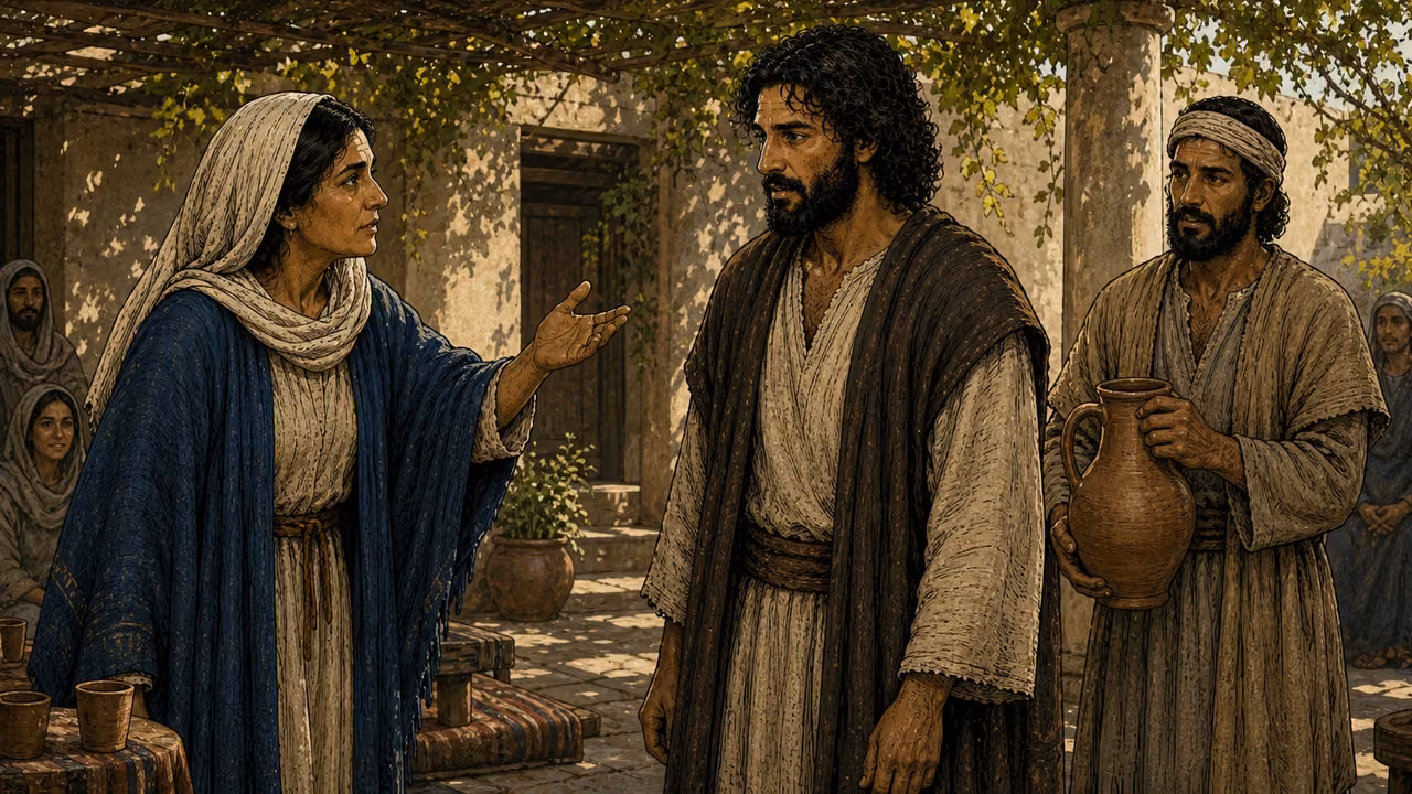 Mature Mary in her established cream headscarf and indigo shawl gestures toward Jesus as a servant listens at the Cana wedding.