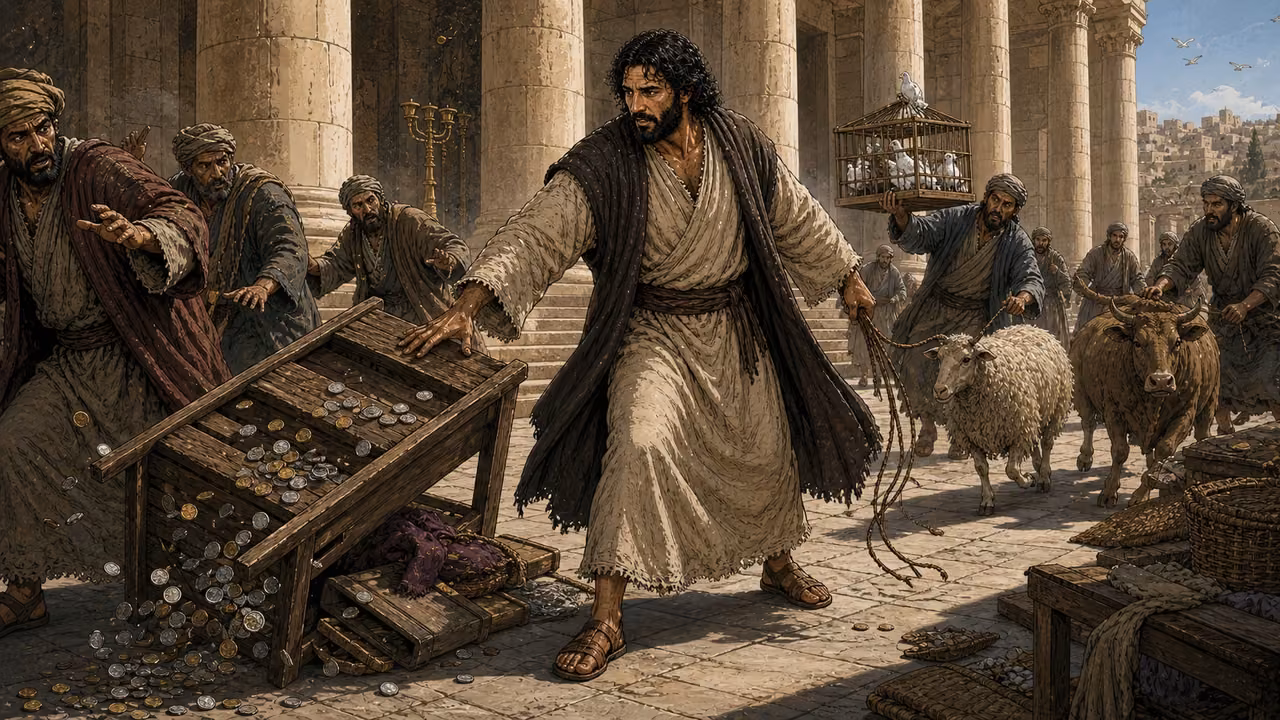 Jesus tips a money-changing table while an ox, a sheep and a dove cage are moved through the established Temple outer court.
