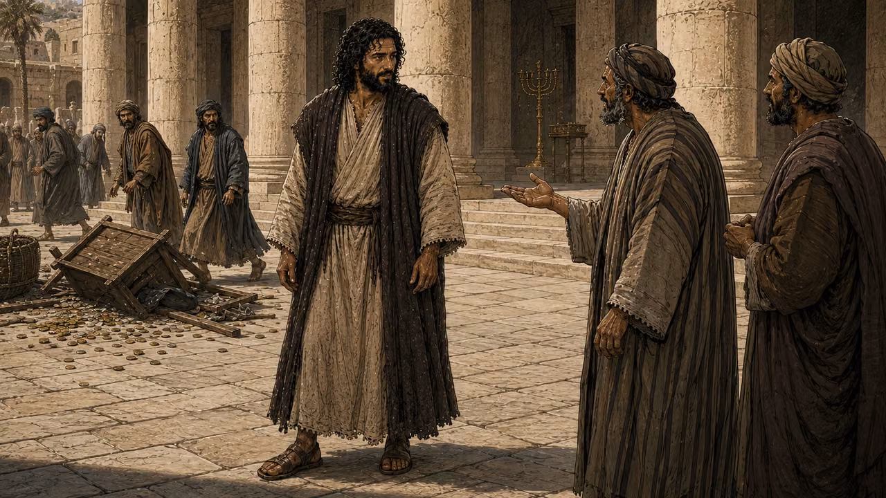 Jesus faces two questioners in the Temple courts after the disruption; an overturned table remains at the edge.