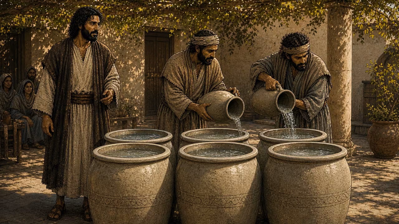 Two servants pour clear water into exactly six large stone jars while Jesus watches in the same Cana courtyard.