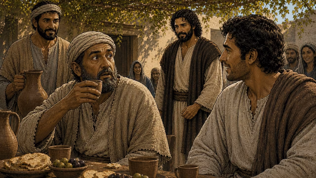 The feast master reacts after tasting from a cup and turns to the bridegroom; Jesus watches behind them.