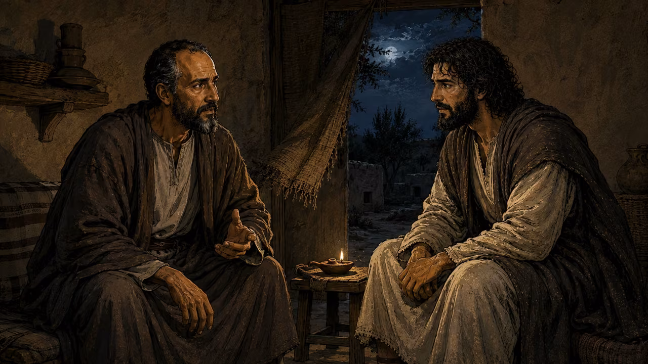 Jesus and the distinct, receding-haired Nicodemus sit beside a small oil lamp during a quiet nighttime conversation.