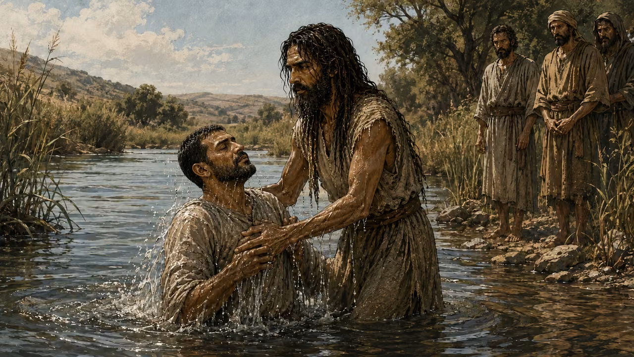 The approved long-haired John the Baptist, wearing his base tunic without the outer robe, supports an unnamed adult in the water.