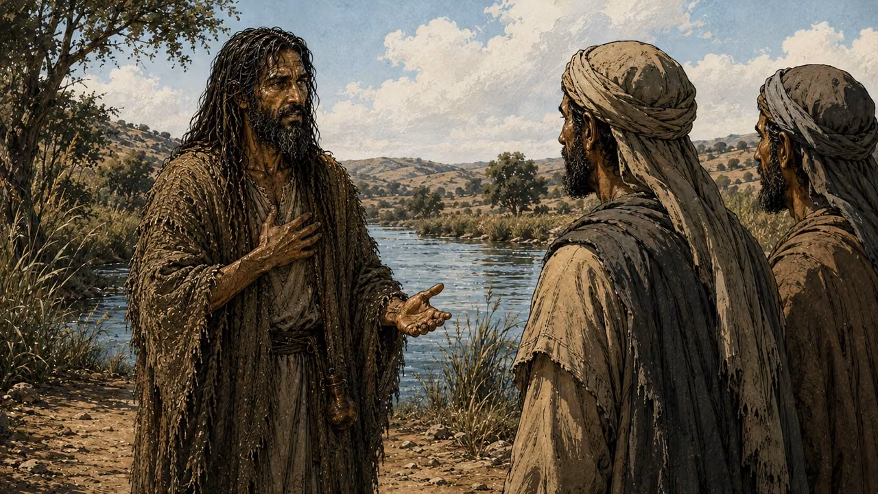 John the Baptist in his woven outer robe responds joyfully to two concerned disciples beside the waters.