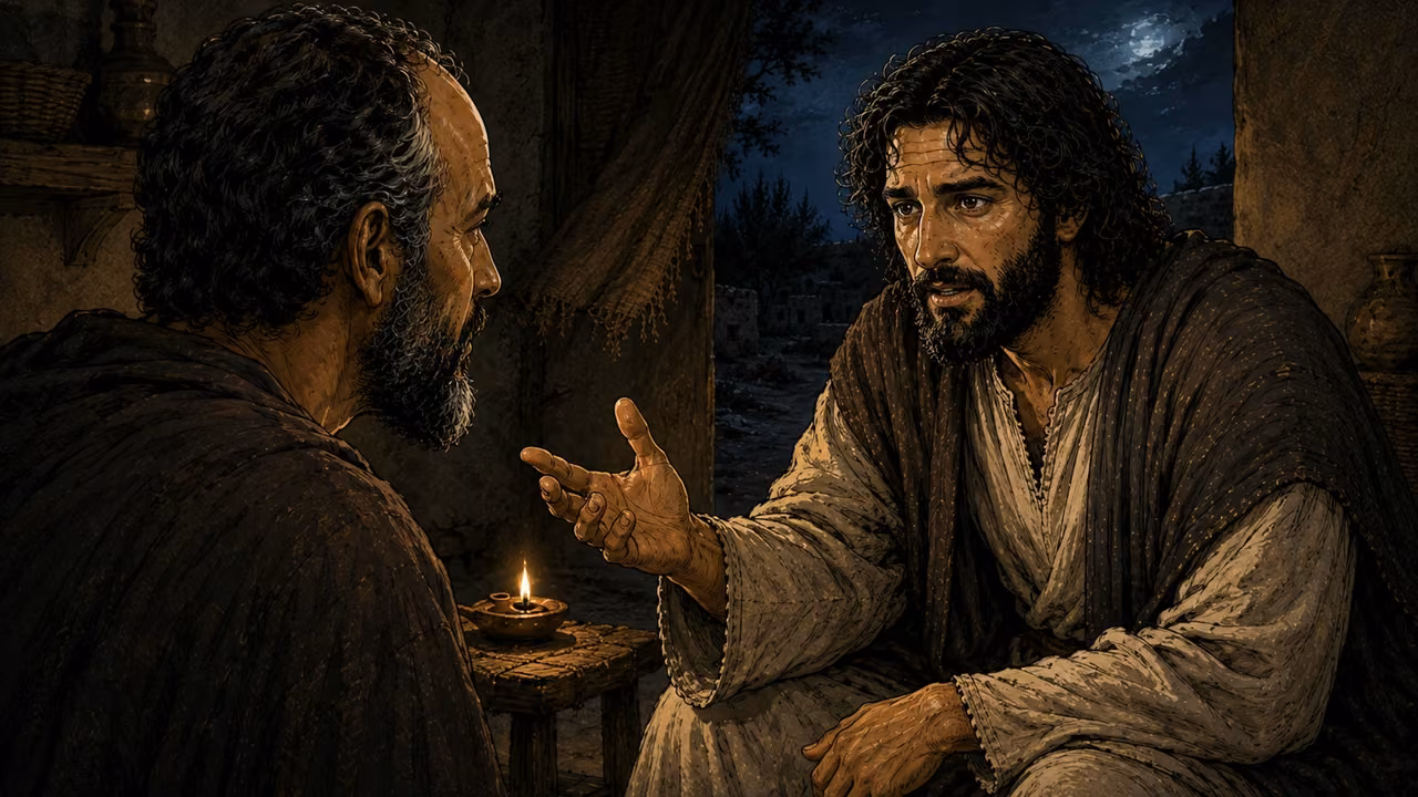 A closer view of Jesus explaining with an open hand while Nicodemus listens in the same lamp-lit room.