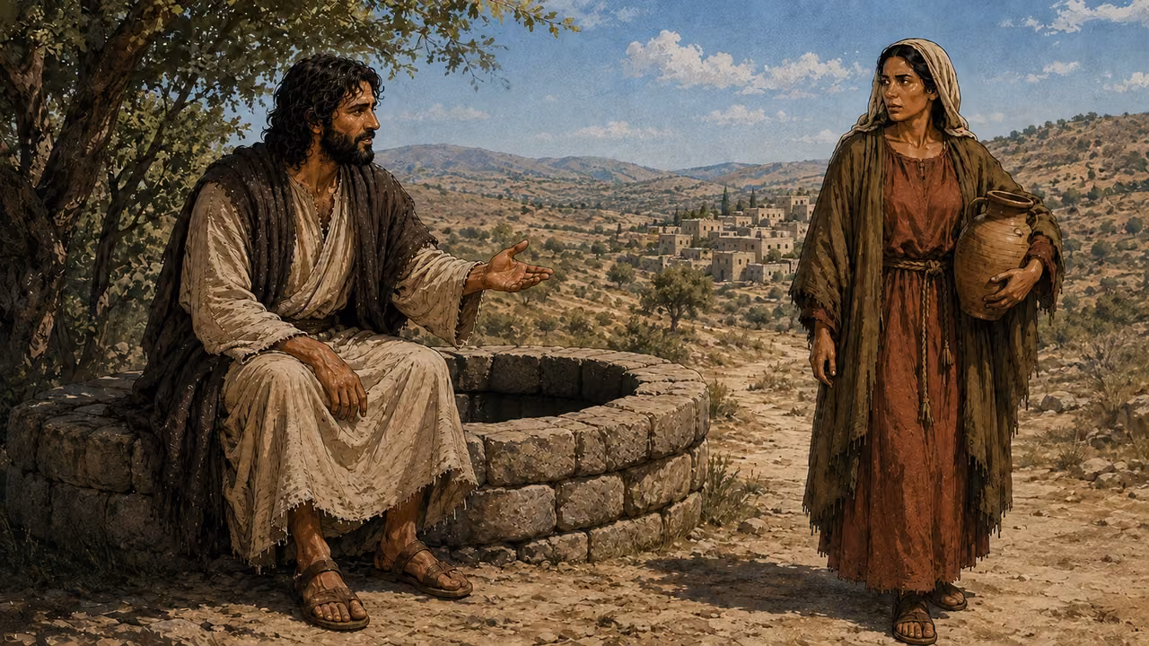Jesus sits beside a plain stone well without installed drawing equipment while the Samaritan woman approaches with her own clay jar.