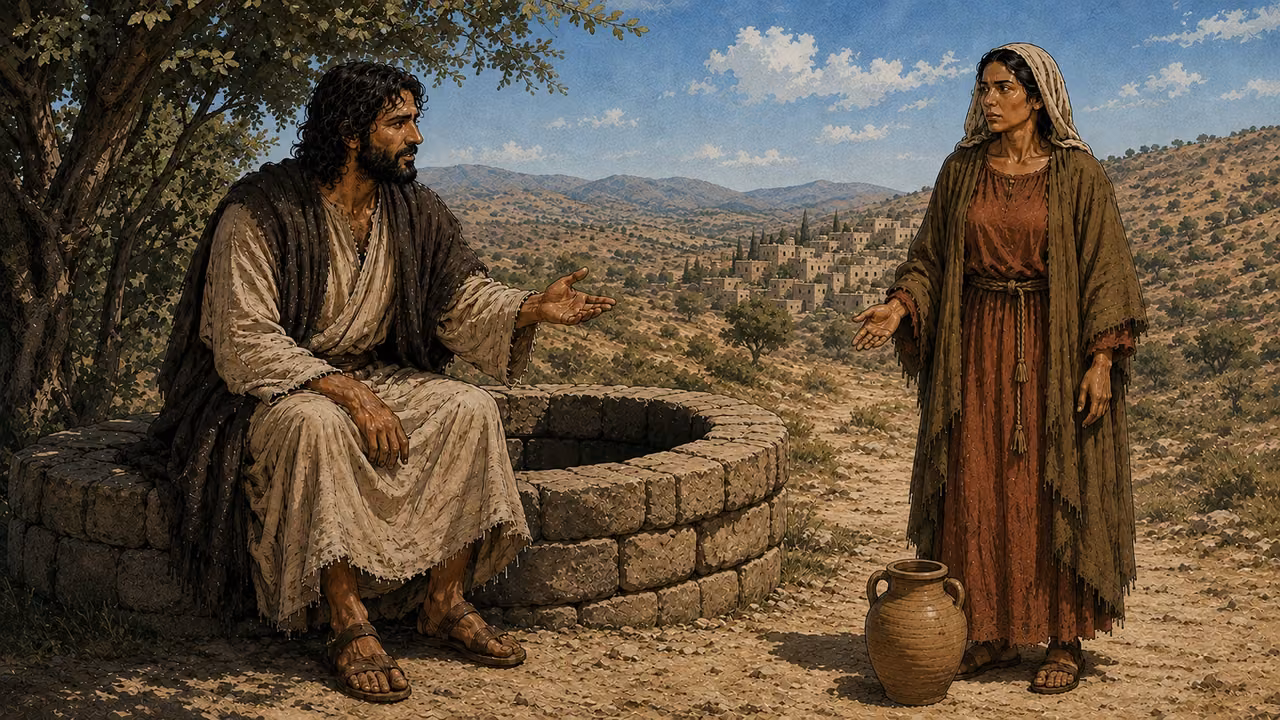 The Samaritan woman listens and responds to Jesus beside the same well, her jar resting on the ground.